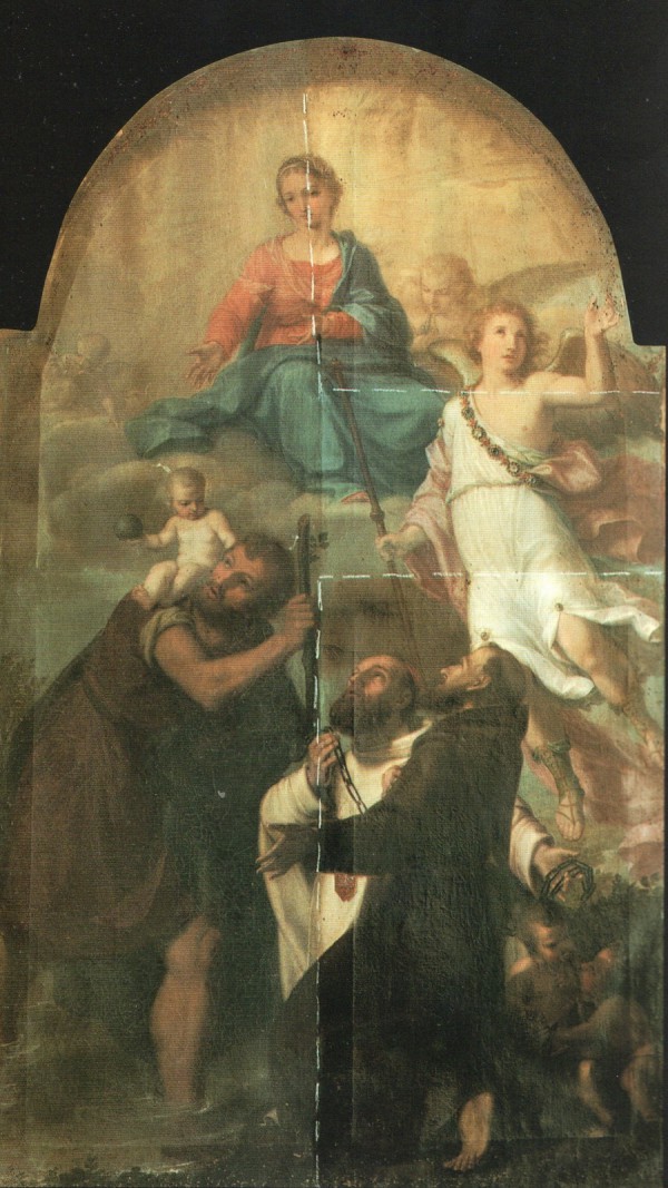 Chiesa di San Cristoforo Fano dipinto ad olio su tela raff. te Madonna con un angelo, San Cristoforo che regge il bambino e i Santi Domenico e Francesco del Pittore Pietro Tedeschi